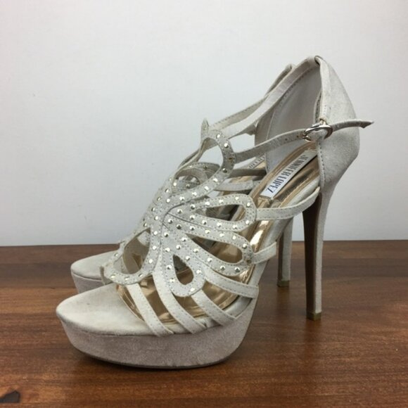 Jennifer Lopez Cream Gold Studded Platform High Heels Suede Women's Size 7M. - Picture 1 of 11